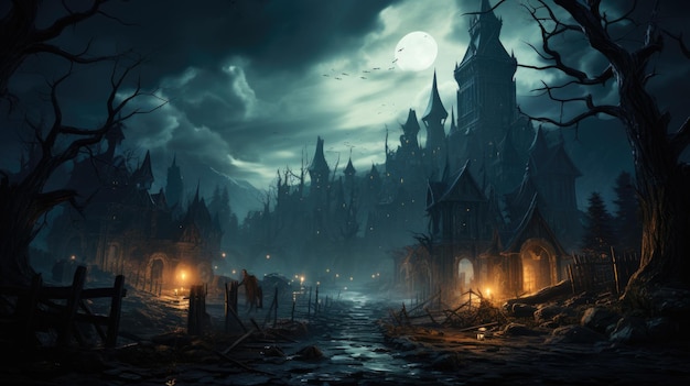 墓地墓地から城へ不気味な恐ろしい暗い夜の満月と枯れ木のコウモリ