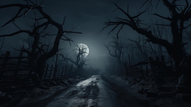 Graveyard cemetery in spooky scary dark Night full moon and dead trees Holiday event halloween banner background