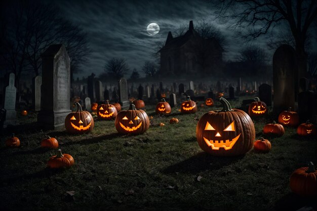 Graveyard halloween background with pumpkin and bats