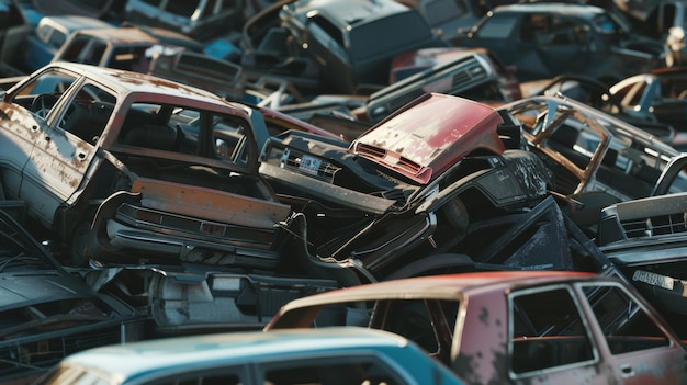 Photo a graveyard of rusted cars piled up the end of the road for many vehicles