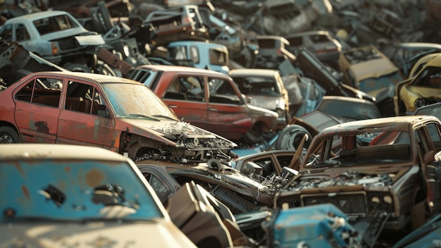Graveyard of rusting cars piled under a hazy sky