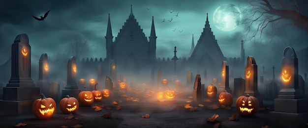 Graveyard in spooky death forest at halloween night banner with full moon and glowing pumpkins high