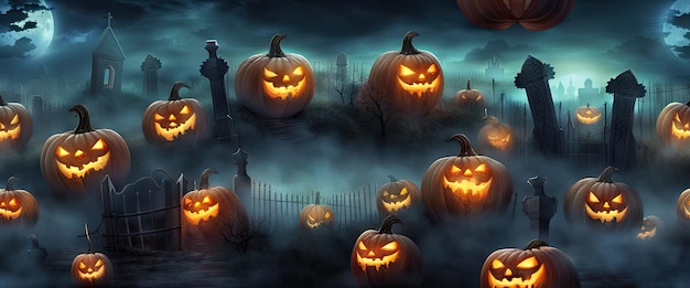 Graveyard in spooky death forest at halloween night banner with full moon and glowing pumpkins high