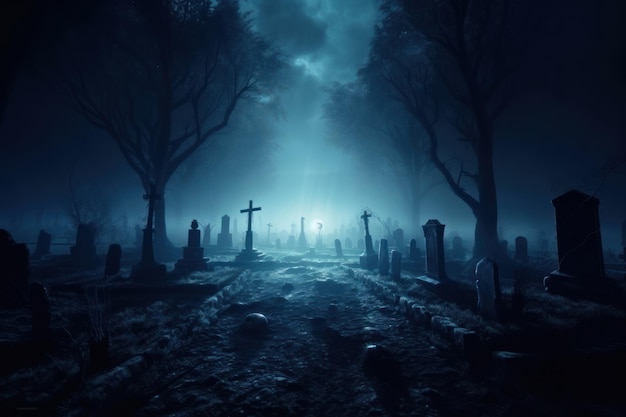 Graveyard in spooky death Forest At Halloween Night