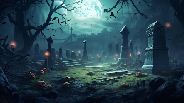 Graveyard in the spooky night forest