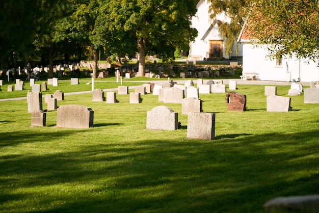 Graveyard on a sunny day Cemetery graveyard white and grey tombstones