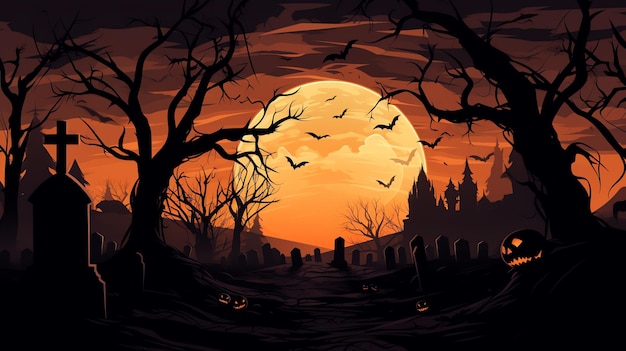 a graveyard with bats and a moon