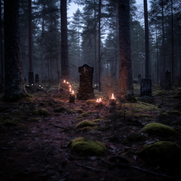 a graveyard with candles lit in the middle of the forest