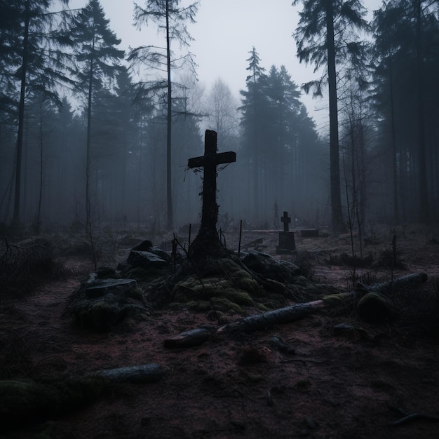 a graveyard with a cross in the middle of it