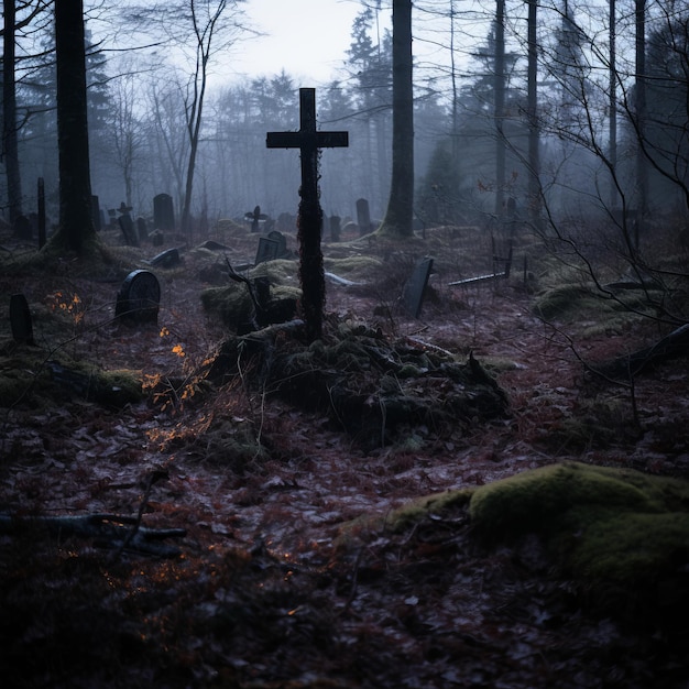 a graveyard with a cross in the middle of it