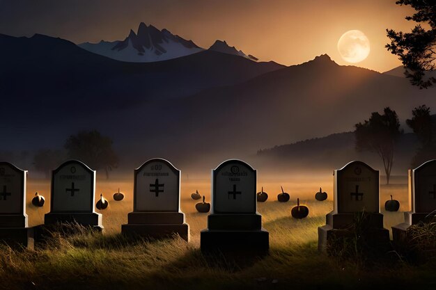 A graveyard with the moon rising behind it