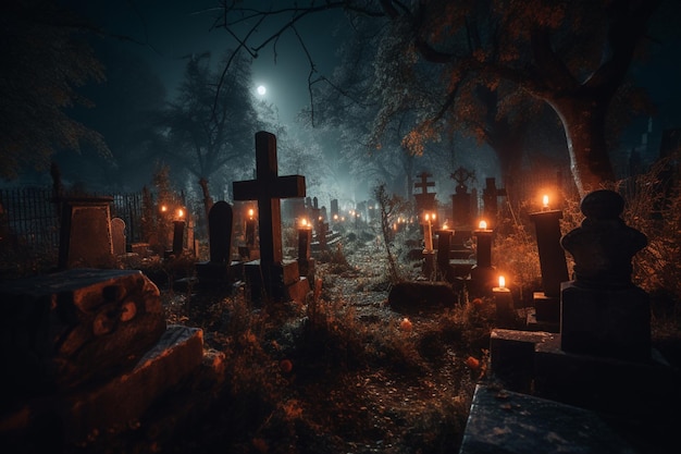 A graveyard with a moonlit night in the background