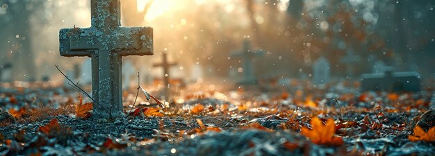 Foto un cimitero con una ruvida croce di legno