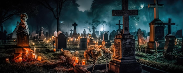 A graveyard with a sign that says'spooky'on it