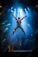 Photo gravitydefying acrobat in midair performance illuminated by bright spotlights surrounded by mesmer