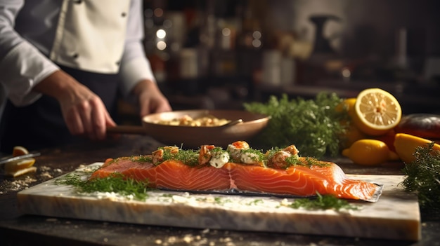 Gravlax 또는 무덤 연어는 북유럽 요리입니다.