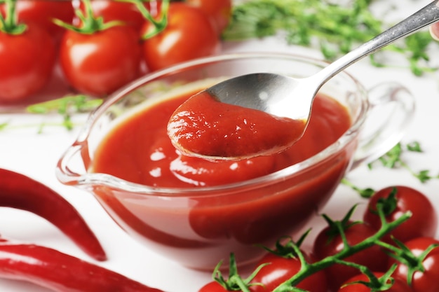 Una salsiera ripiena di deliziosa salsa di pomodoro un ramo di pomodorini freschi timo peperoncino fresco su uno sfondo di legno aglio fresco closeup