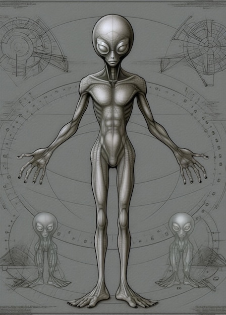 A gray alien with a black head and a white face.