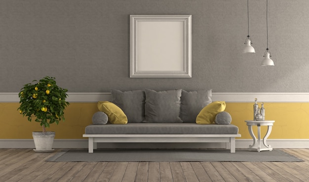 Серо-желтая ретро-гостиная с диваном и пустой рамкой для фотографий - 3d-рендеринг