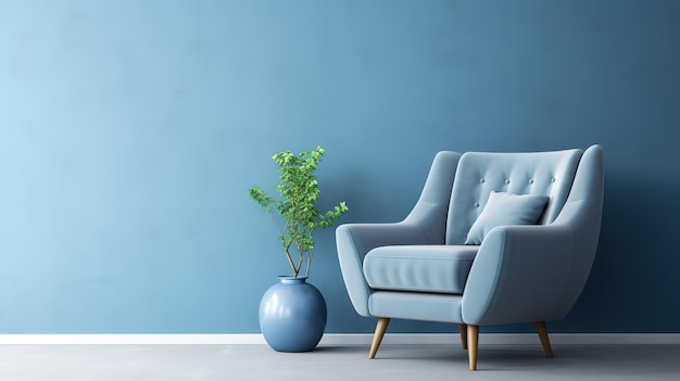 gray armchair in blue living room with copy space