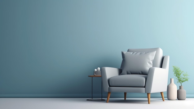 gray armchair in blue living room with copy space