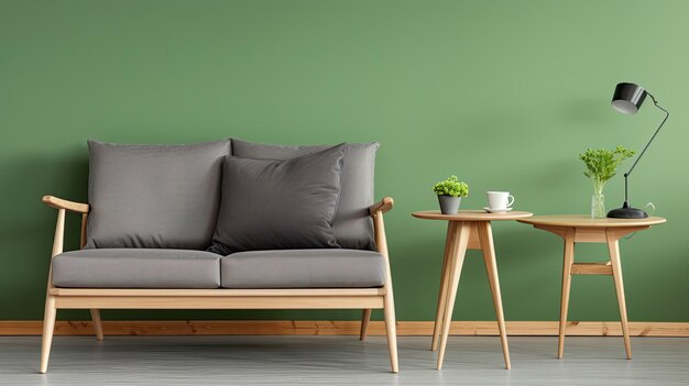 회색 의자 와 나무 커피 테이블 과 복사 공간 의 레트로 가정 장식