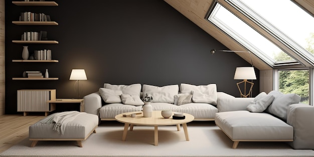 Gray attic living room interior with sofa simple elegant minimalist