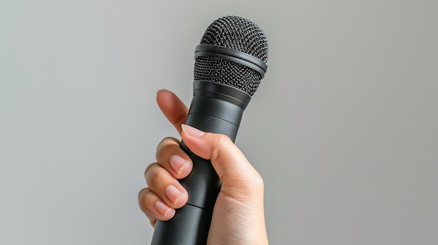 Over a gray backdrop a hand holds a microphone for interrogation depicting life of a reporter and space Generative AI