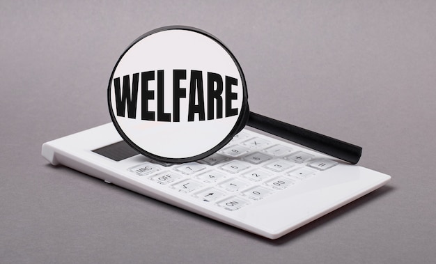 On gray background black calculator and magnifier with text WELFARE. Business concept