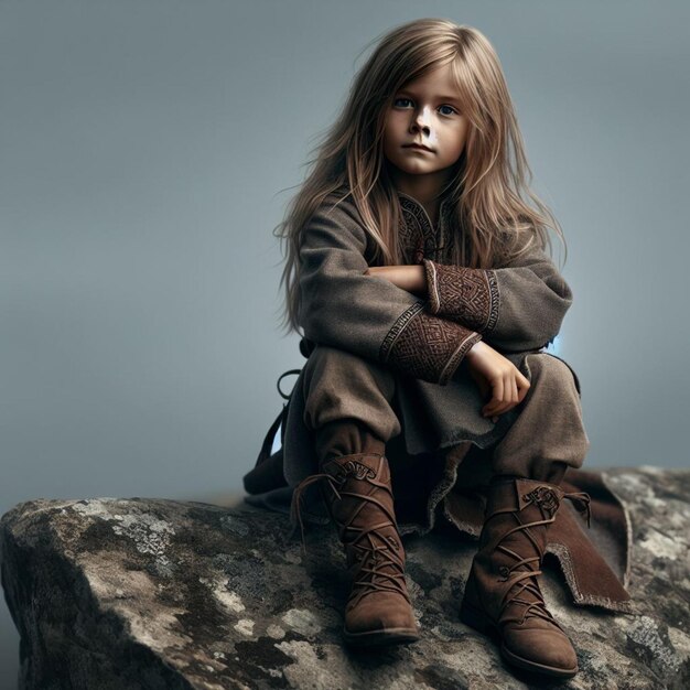 gray background clear realistic photographic imagea viking boy nordic light brown long hair per