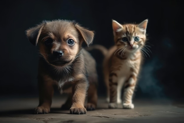 灰色の背景に好奇心旺盛な子猫と用心深い子犬が歩く生成 AI