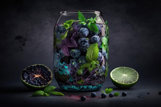 On a gray background a mojito made with blueberries lime mint and ice Article in a vertical layout