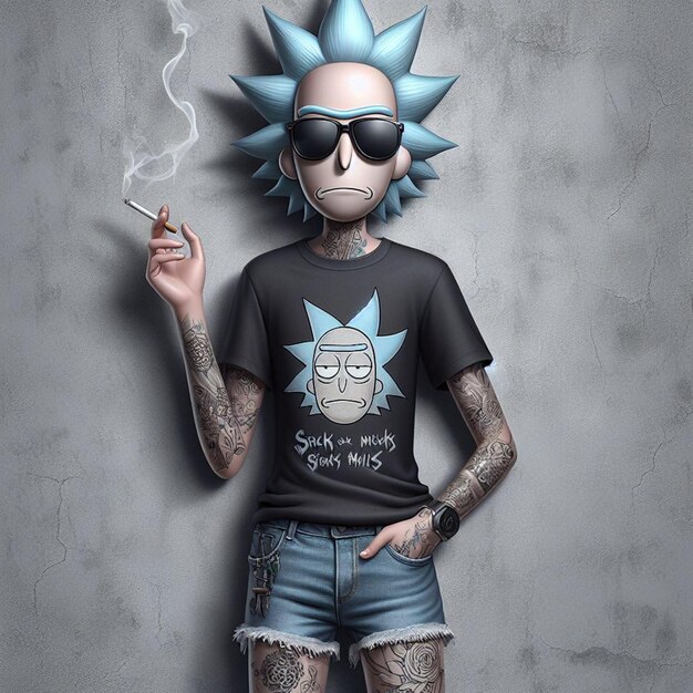 Photo gray background rick from rick and morty teenager black shirt blue denim shorts with tattoo wearing