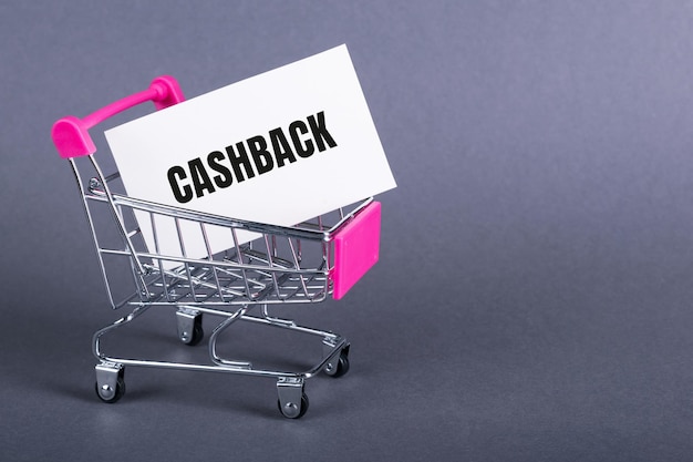 On a gray background a shopping cart a card with the word CASHBACK