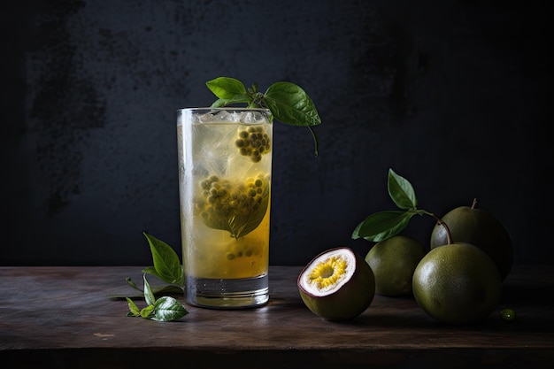 A gray background with an image of an iced passion fruit drink in a tumbler with a lemon slice