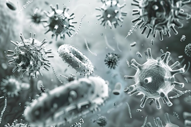 Gray bacteria and viruses on light gray background Science and medicine concept