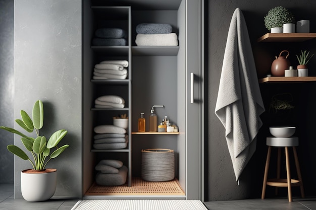 Gray bathroom with a shower stall towel shelf and wooden and concrete floors