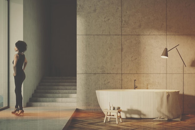 Gray bathroom with stairs toned