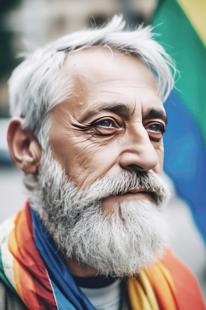 Gray beard man closeup with scarf painted in the colors of the lgbt flag