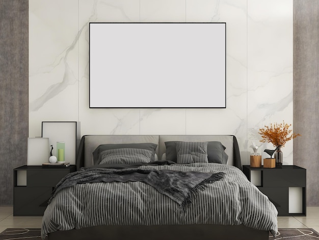 흰색 대리석 벽이 있는 회색 침실 인테리어 모형