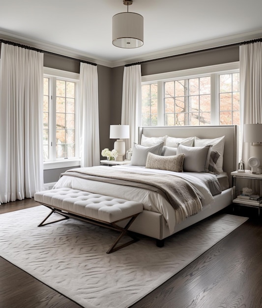 A gray bedroom with white trim and dark wood floors