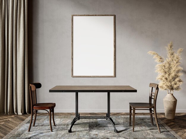 Gray beige interior with dinner table decor and poster