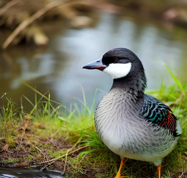 A gray bird stands in the river against the backdrop of nature indianrunnerduck