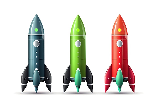 미사일 발사의 흰색 배경 개념에 공간에서 회색 검정색 빨간색과 녹색 로켓