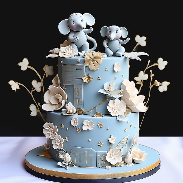 Photo gray blue threetiered cake