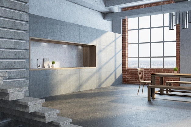 Gray brick dining room corner with a wooden table, chairs and benches, dark gray countertops and a concrete floor. 3d rendering mock up