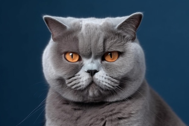 Gray british cat with offended angry depressive mood on a blue background