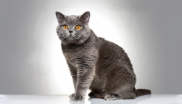 gray british short hair cat sitting facing front and plain white background