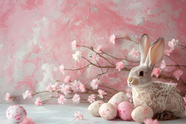 Photo gray bunny with easter eggs and cherry blossoms