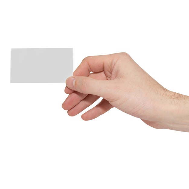 Gray card blank in a hand isolated